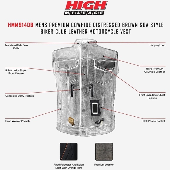 HIGH MILEAGE • Men’s Premium Cowhide Brown SOA Biker Leather Motorcycle Vest - Picture 8 of 12